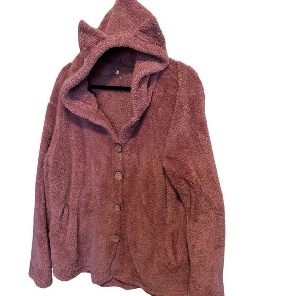 Women’s Cozy Pink Teddy Jacket w/ Cat Ear Hood Button Down Long Sleeve, Size 14 - Picture 4 of 13